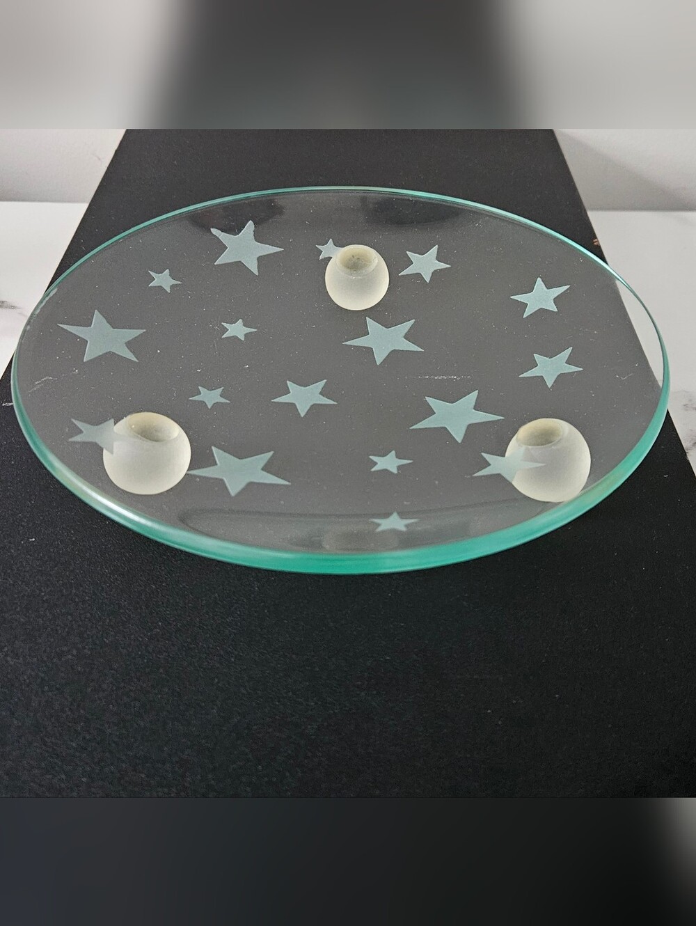 Glass Candle Dish w/ Frosted Etched Stars & Tripod Orb Feet